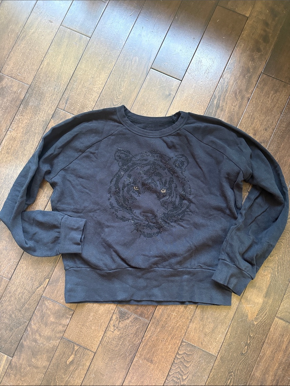 Woman’s Black Crewneck Sweater with Tiger Motif